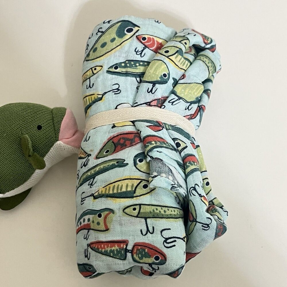 Mud Pie Fishing Lure Muslin Swaddle Blanket & Fish Rattle Baby Set - Picture 6 of 9